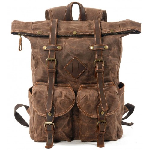 P09 WAX Vintage ™ Groß Damen und Herren Stadtrucksack aus gewachste Segeltuch + Naturleder. A4 - 2 Farben