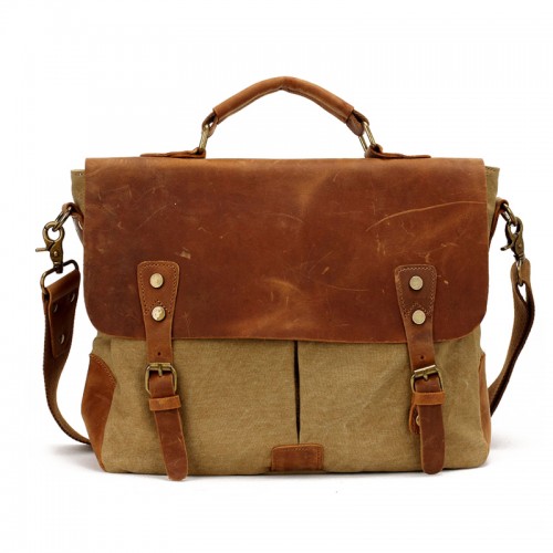 AT1 MESSENGER 1 VINTAGE™ Canvas - Leder Aktentasche Laptoptasche Arbeitstasche Umhängetasche - beige khaki 14"