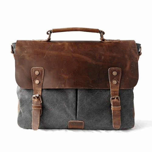 AT1 MESSENGER 1 VINTAGE™ Canvas - Leder Aktentasche Laptoptasche Arbeitstasche Umhängetasche - grey 14"